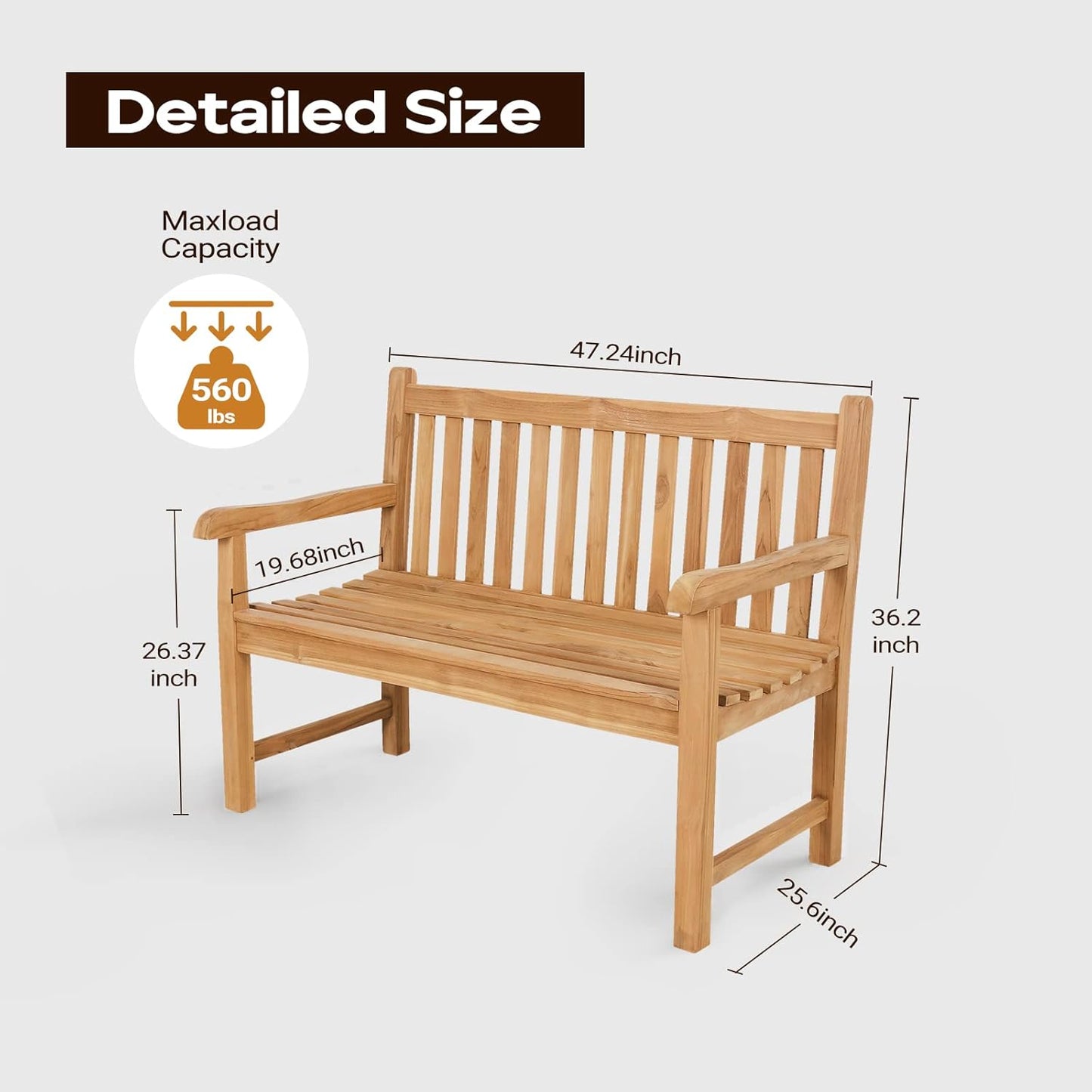 A-Grade Natural Teak Bench - Outdoor Garden Bench with Curved Backrest & Arch Armrest, Patio Bench - All-Weather 100% Solid Teak Wood 2-Person Park Bench for Yard, Lawn