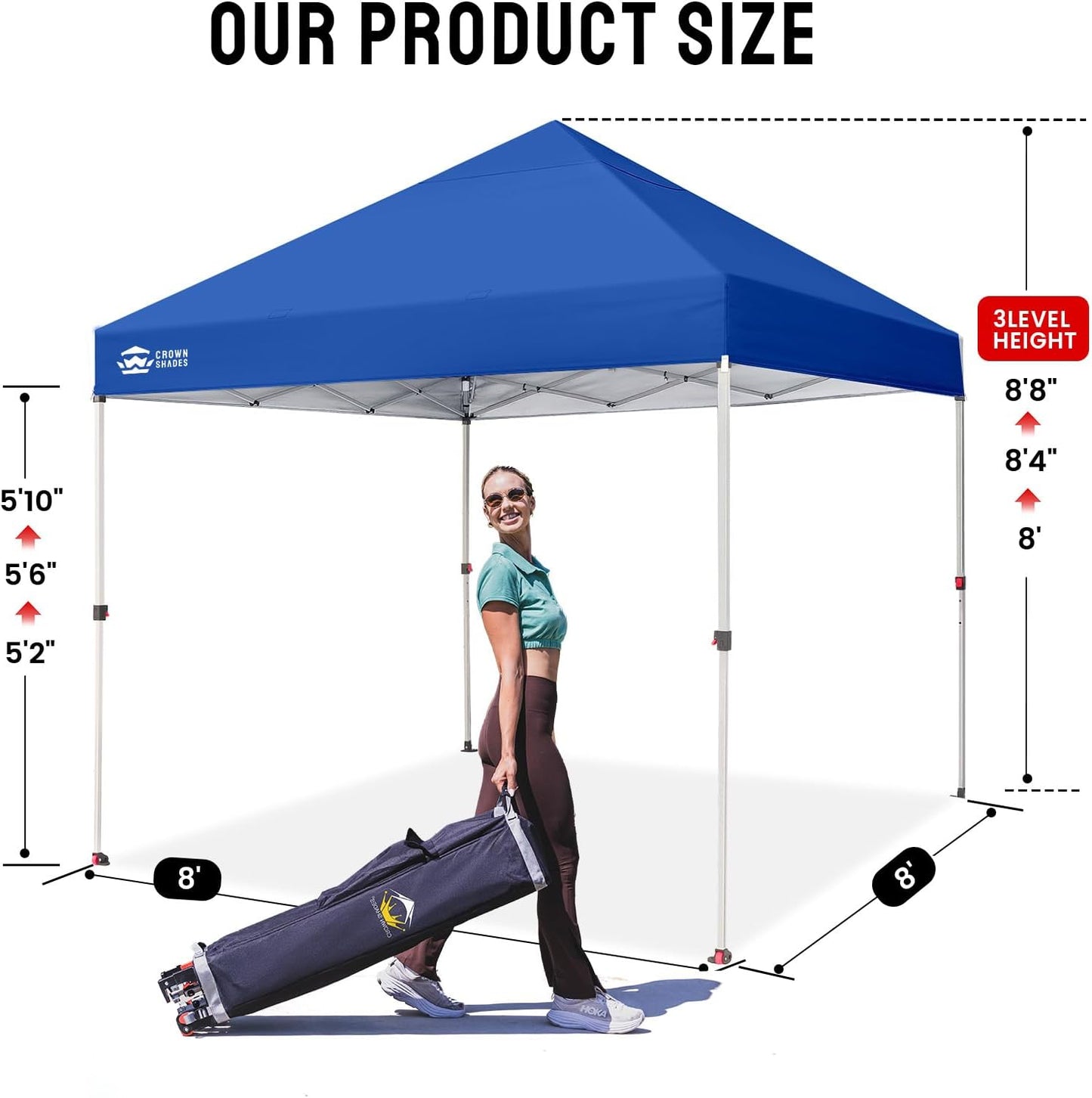 CROWN SHADES 8x8 Pop Up Canopy - Beach Tent with One Push Setup - Easy Outdoor Sun Shade for Events, Parties, Camping - Gazebo with STO-N-Go Cover Bag, Silver Coated Top, Blue