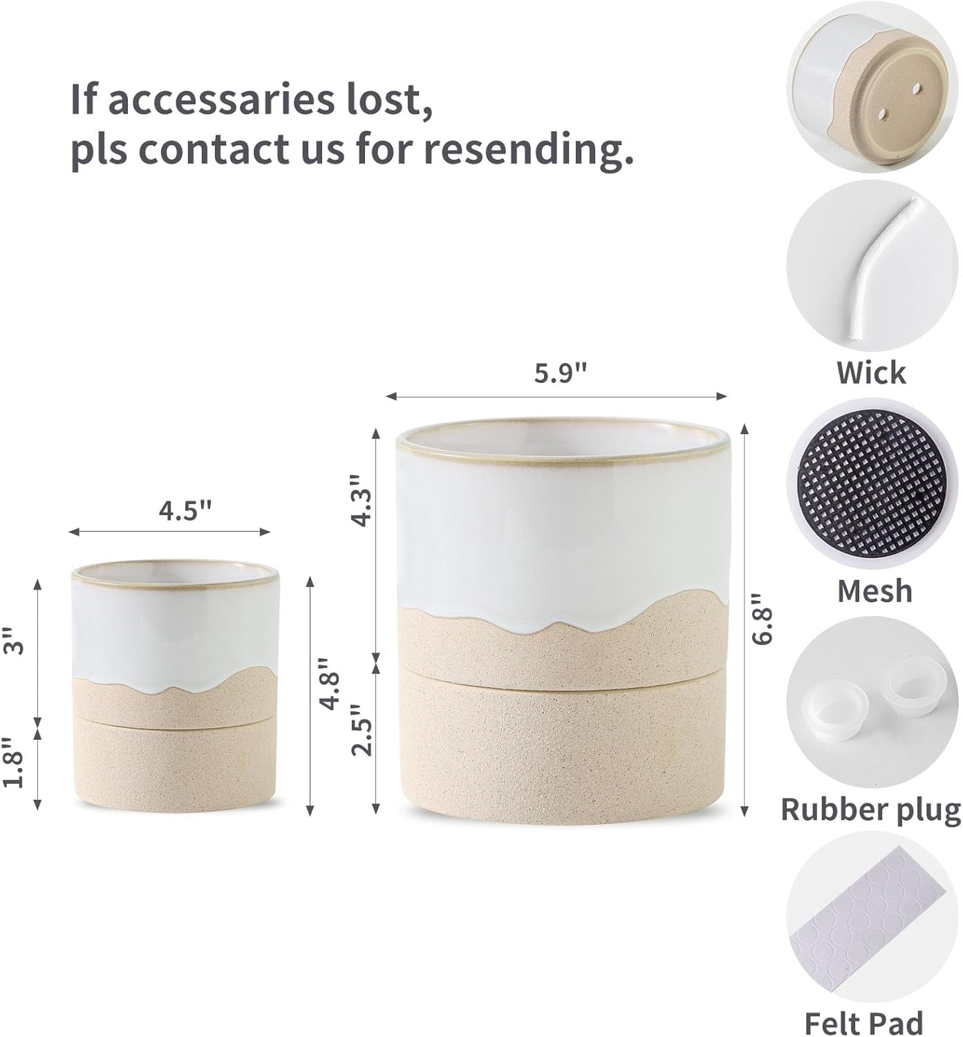 Nihow Self Watering Plant Pot for Indoor Plants: 4.5+6 Inch Ceramic Planter with Drainage Hole & Water Storage Plus - Cylinder Flower Pot with Wick for Herbs -White & Nature