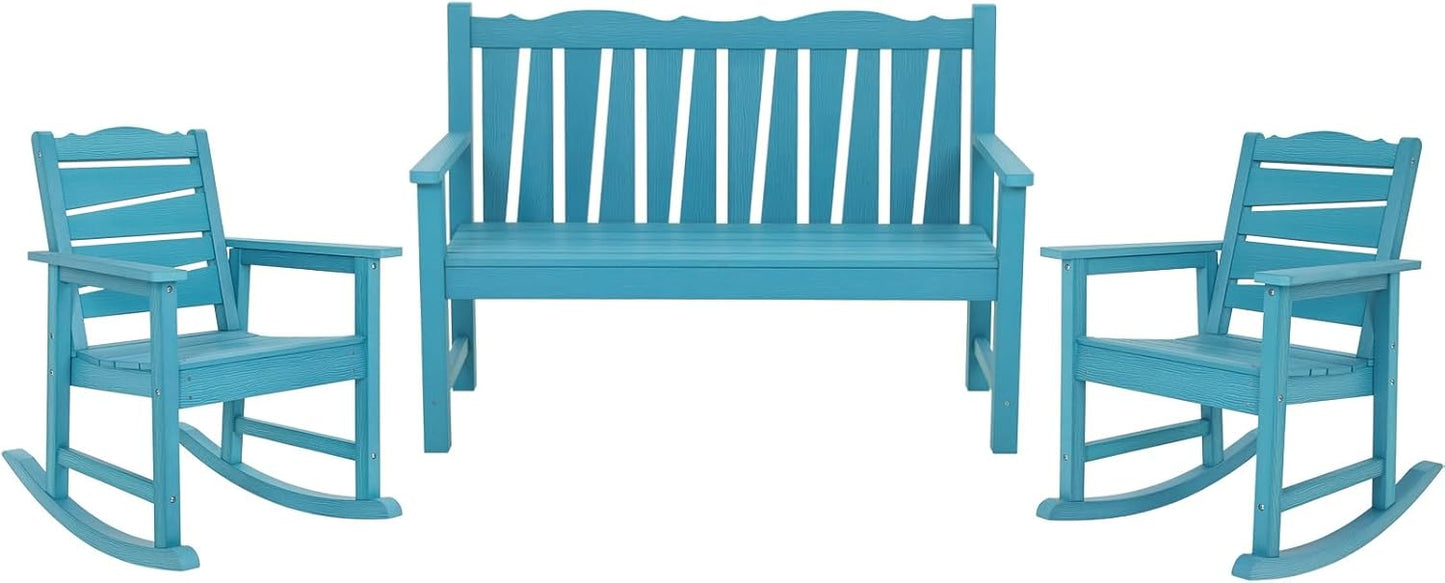 Outdoor Rocking Chairs Set, Weatherproof HIPS Outdoor Furniture, Include 2 Patio Rocking Chairs + Outdoor Bench, Suit for Garden, Porch, Lawn & Backyard(Lake Blue)