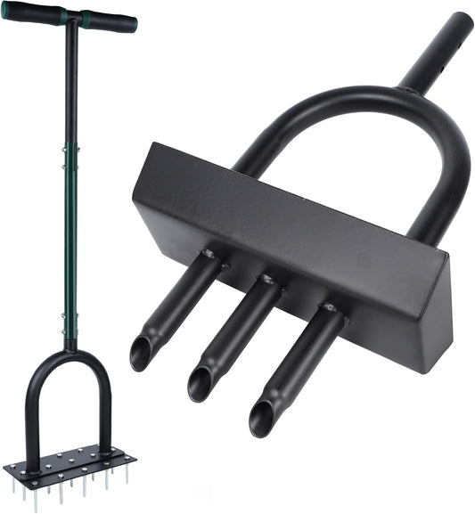 YOFIT 3-in-1 Lawn Aerator Tool with Spikes, Manual Core Yard Aerator, Grass Plug Air Aerators with Soil Tray, Metal Aeration Tools with Changeable Head for Lawn Care, Garden Maintenance (38.2 Inch)