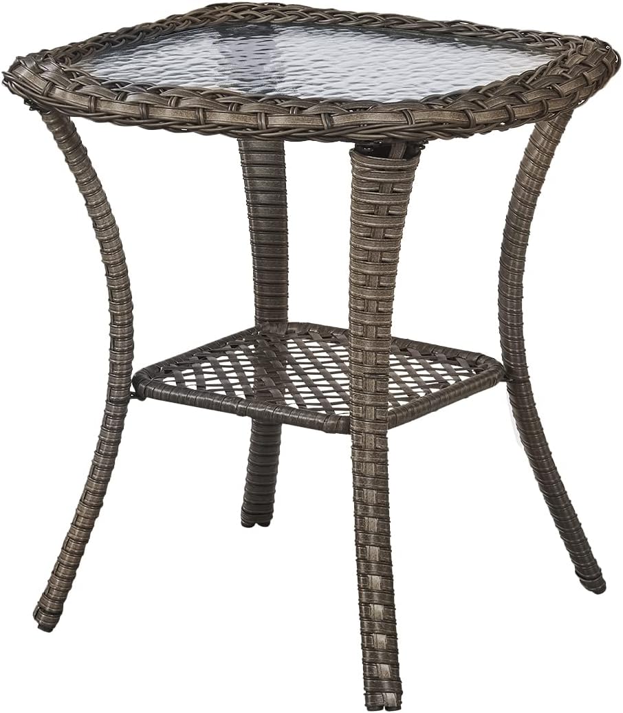 Patio Tables Wicker Side Table - Rattan End Table with Glass Top for Outdoor Outside Patio Porch Deck Square Mixed-Grey