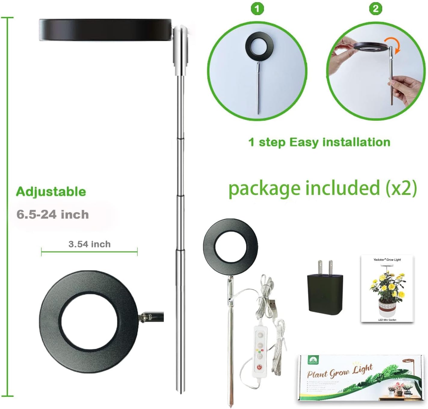 yadoker Plant Grow Light, LED Growing Light Full Spectrum for Indoor Plants,Height Adjustable, Automatic Timer, 5V Low Safe Voltage,Idea for Small Plant