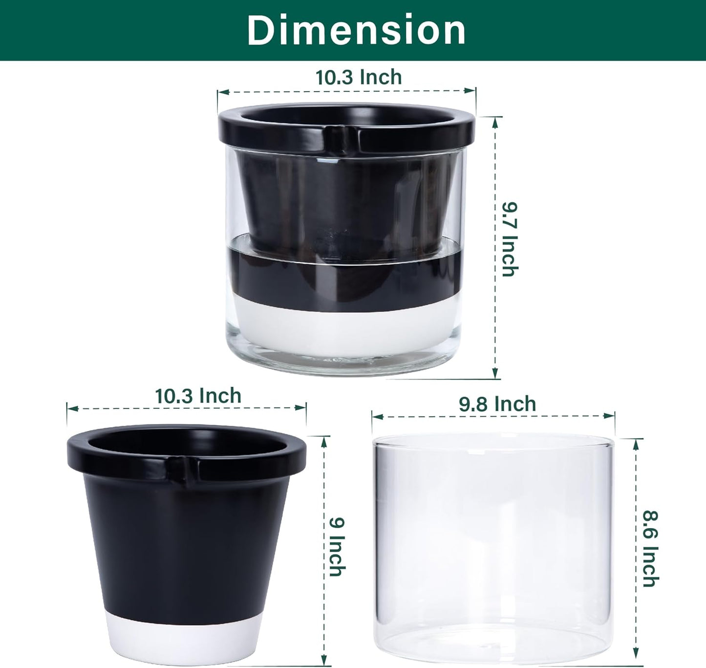 D'vine Dev 10 Inch Design Self Watering Planter for Indoor Plants, Black Terracotta Pot with Cylinder Glass Cup, 37-X-D-3