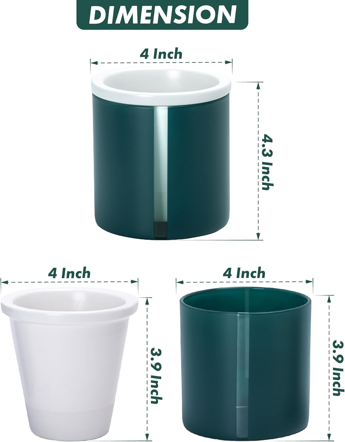 D'vine Dev 4 Inch Design Self Watering Planter for Indoor Plants, White Terracotta Pot with Teal Cylinder Glass Cup, Set of 3,37-Z-A-5-T