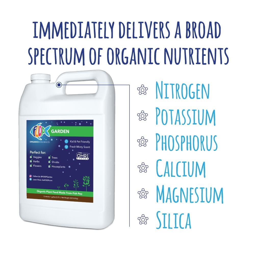 FOOP Garden Pump Bundle - Organic Liquid Plant Food Made from Fish Manure (with Fresh Minty Scent) | Perfect for Veggies, Herbs, Flowers, Trees, Shrubs | Kid & Pet Friendly (1 Gallon + Pump)