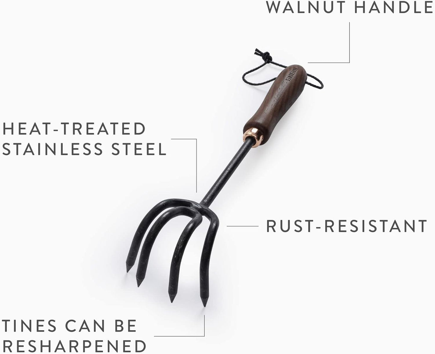 Barebones Cultivator - Weed Remover Tool - Garden Rake and Weeding Tool for Yard Work - Stainless Steel Cultivator for Raking Soil (Walnut/Black)