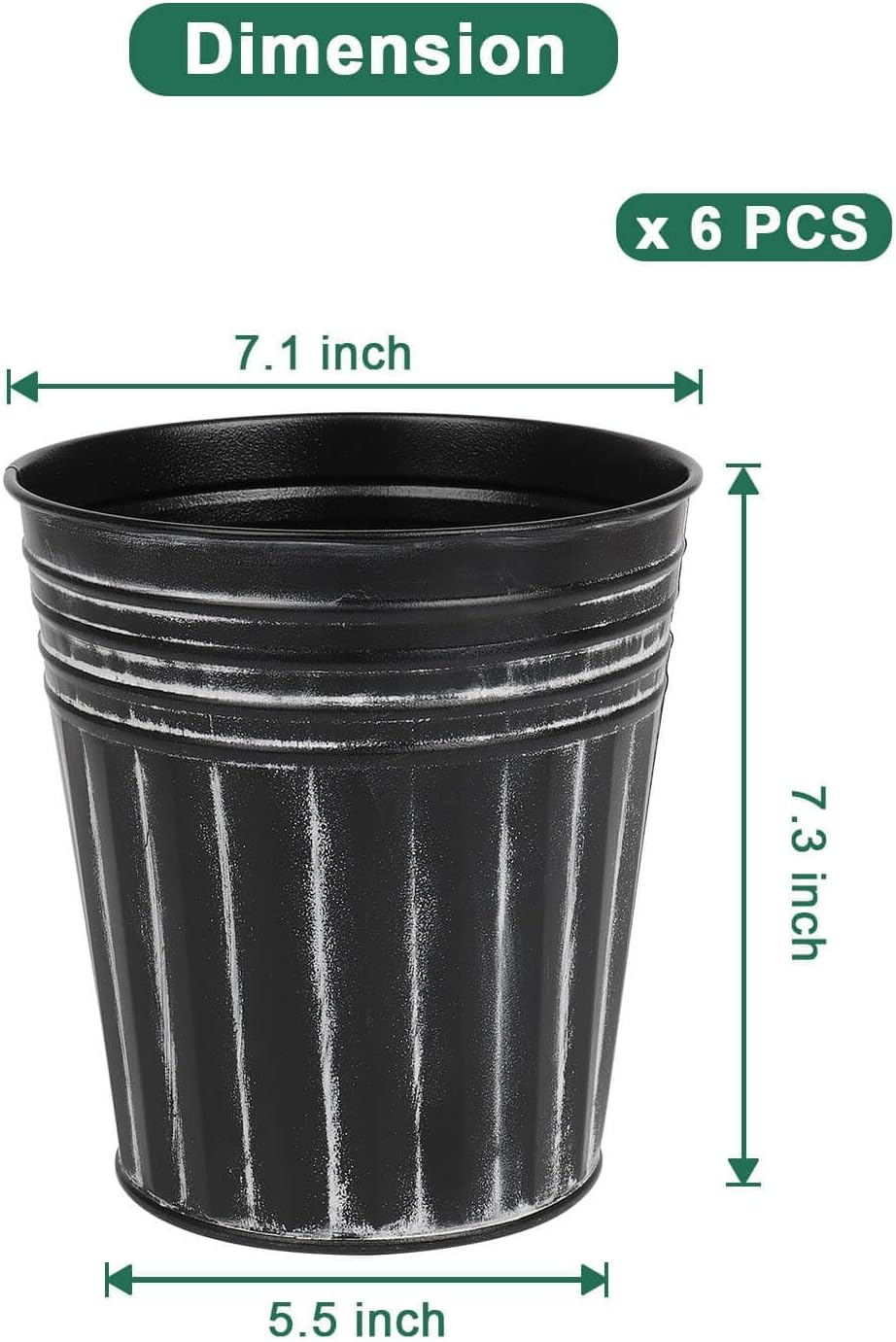 vensovo 7 Inch Black Metal Rustic Flower Pots - 6Pcs Medium Galvanized Planters with Drainage Hole and Rubber Plug, Rustproof Metal Bucket Plant Pots Farmhouse Vintage Style for Decor