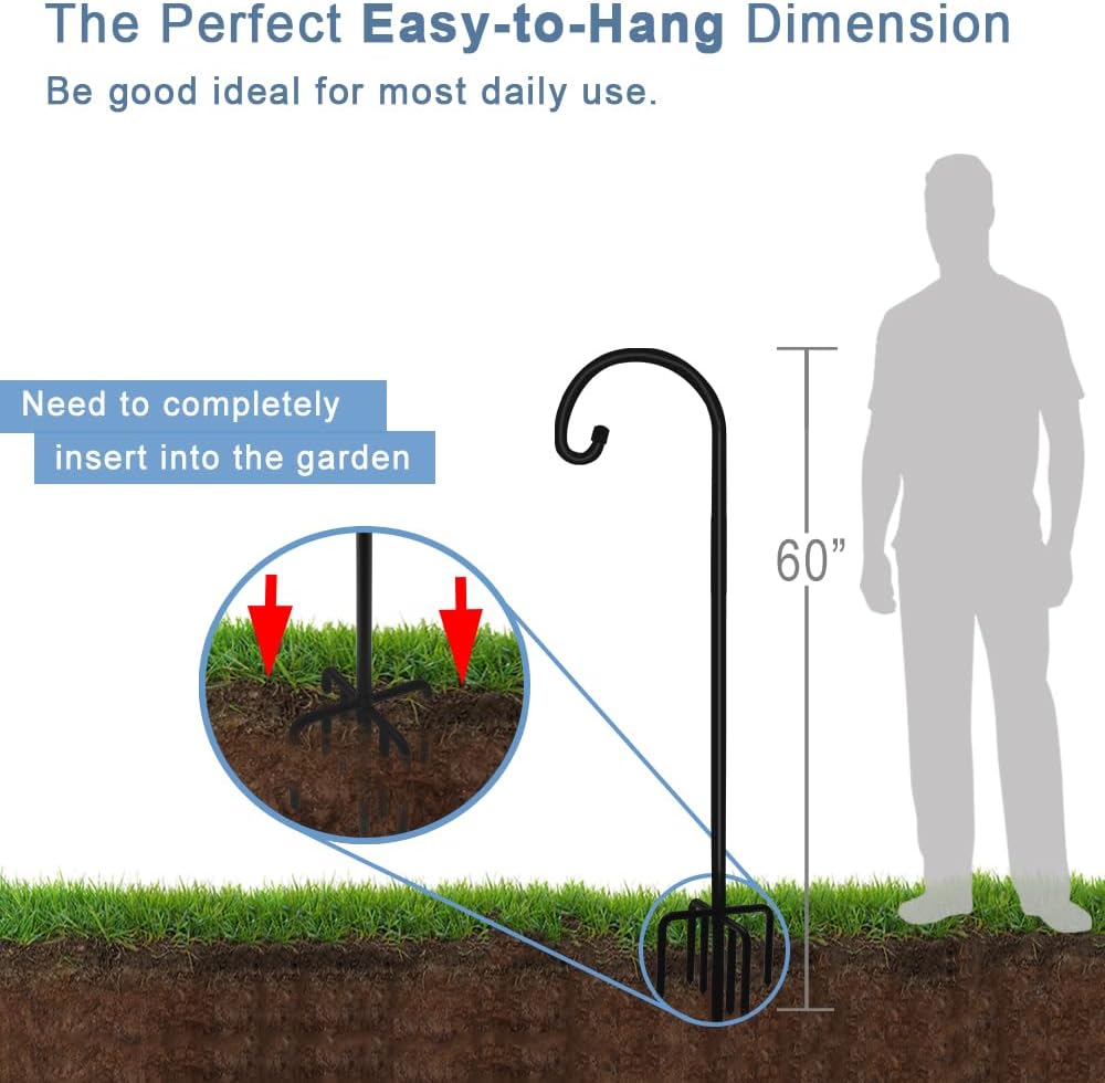 60 inch Outdoor Shepherd Hook with 5 Prong Base (2 Packs), Adjustable Heavy Duty Garden Hanging Stake for Bird Feeder Solar Light Plant Hanger Wedding Decor, Matte Black