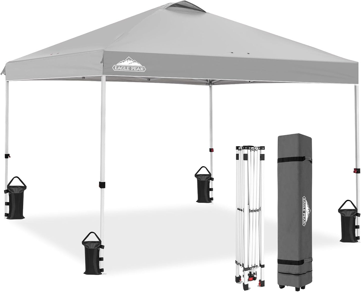 EAGLE PEAK Pop Up Canopy Tent with Wheeled Carry Bag, 8 Stakes, 4 Ropes, 4 Weight Bags, Easy Set Up Tent Canopy, 10x10 ft, 100sqft of Shade, Light Gray
