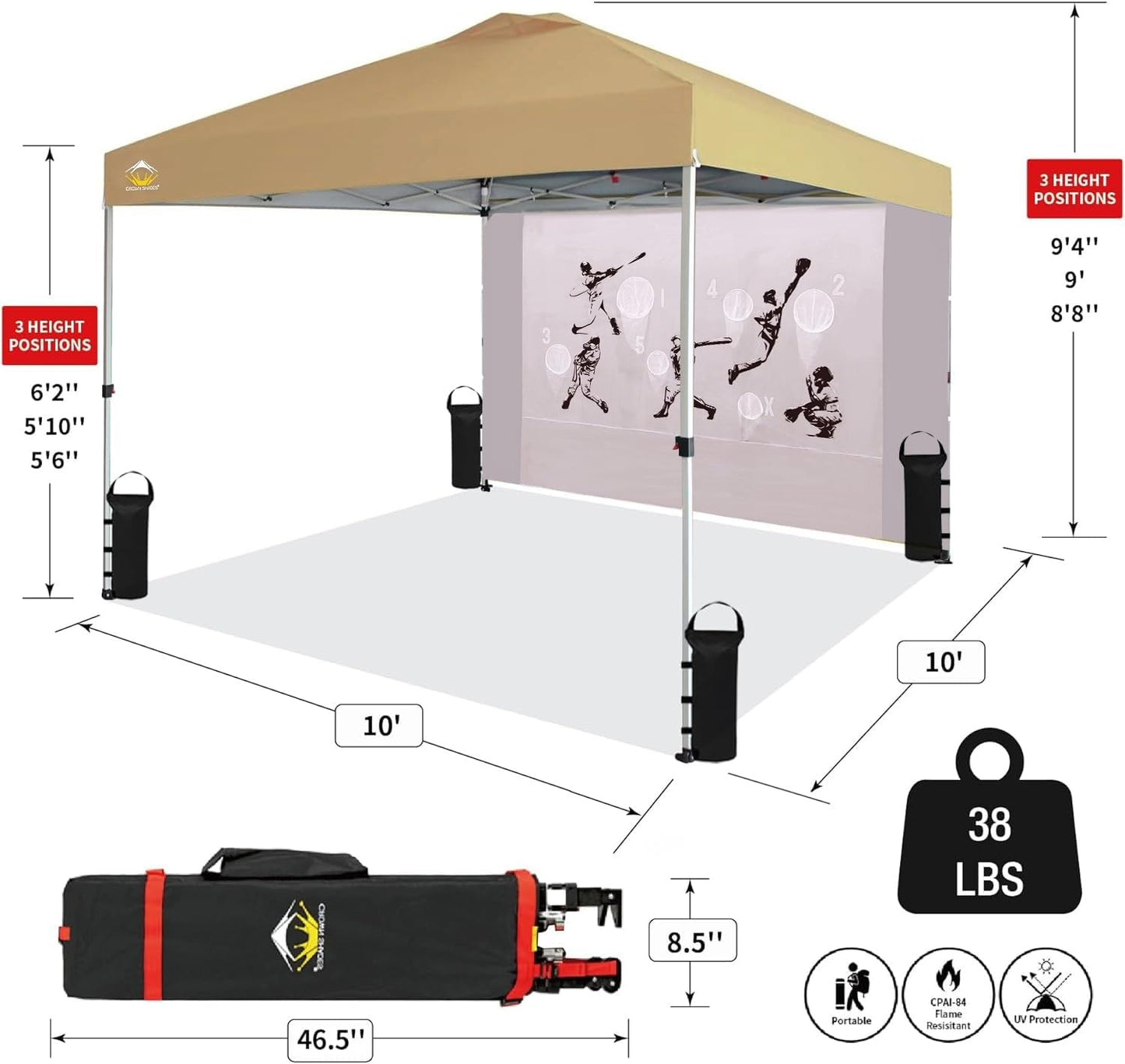 CROWN SHADES 10x10 Pop Up Canopy Tent with Game Netting - Beach Tent with One Push Setup - Outdoor Sun Shade for Events, Parties, Camping with STO-N-Go Cover Bag, Silver Coated Top, Khaki