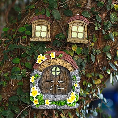 Fairy Gnome Home for Tree Decor，Glow in Dark Fairy House Have Window and Door for Garden Decoration，Fairies Sleeping Door and Windows, Yard Art Garden Sculpture, Lawn Ornament