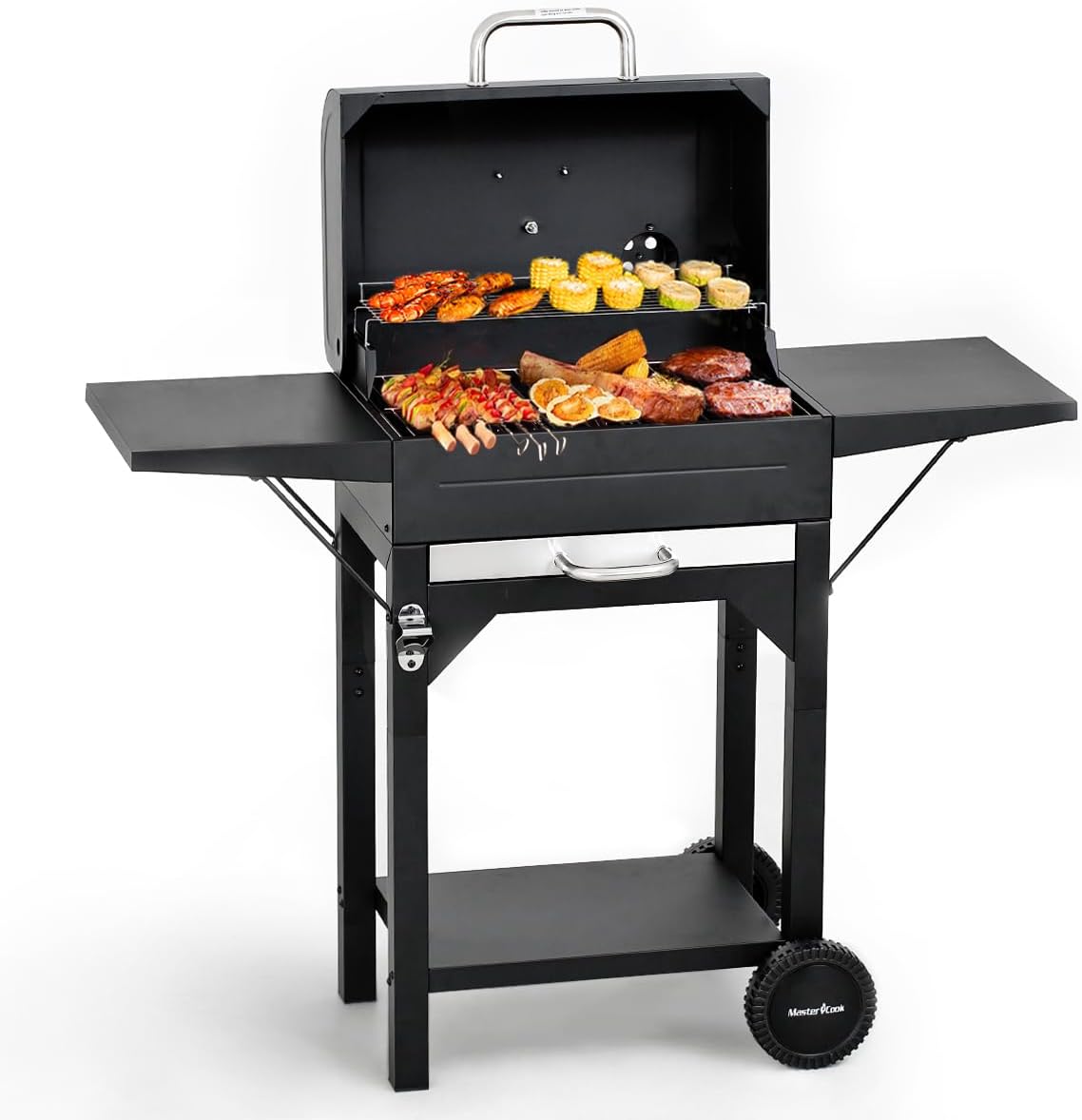 MASTER COOK Charcoal Grill with Two Side Tables, Heavy-duty Steel Barbecue BBQ Grill for Outdoor Picnic Backyard Patio and Parties, 43"*38"*17"