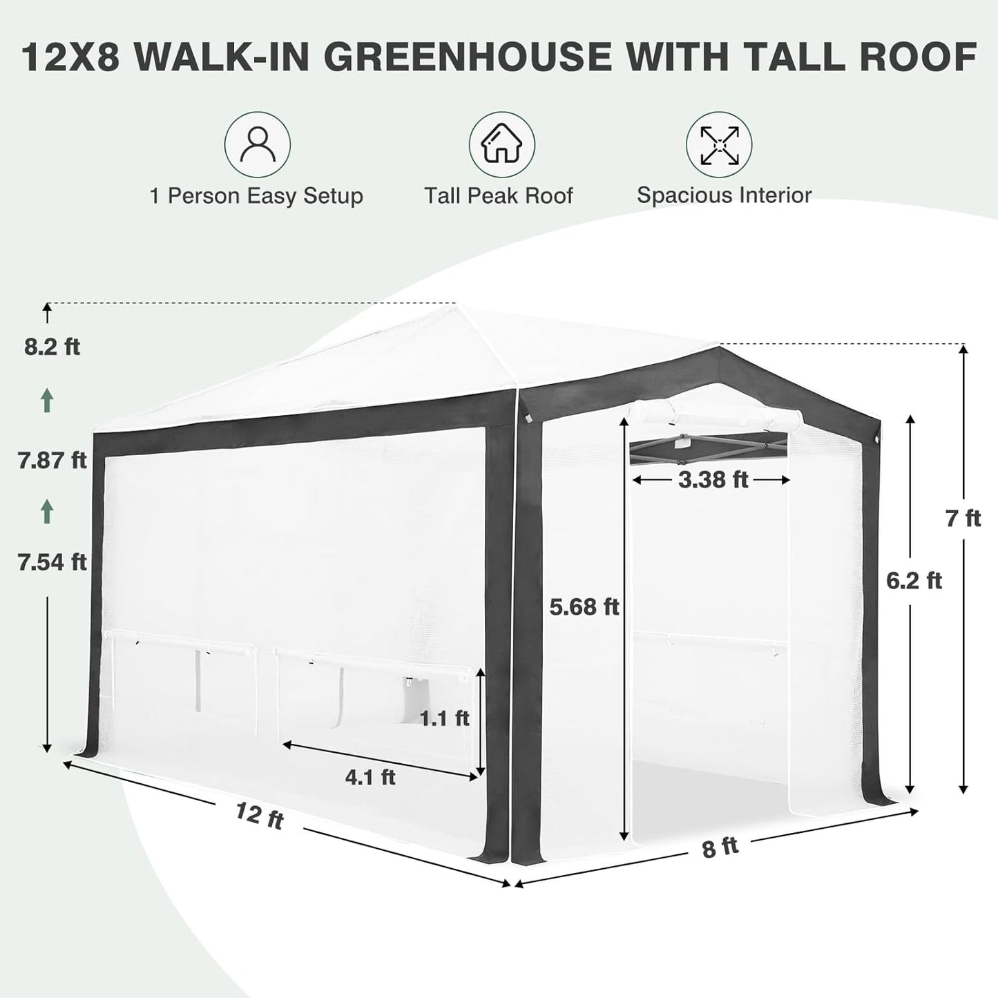 EAGLE PEAK 12x8 Portable Walk in Greenhouse with Polyester Reinforced Corners, Instant Pop up Indoor Outdoor Gardening Green House, Roll Up Zipper Entry Doors and Mesh Windows, Gray/White