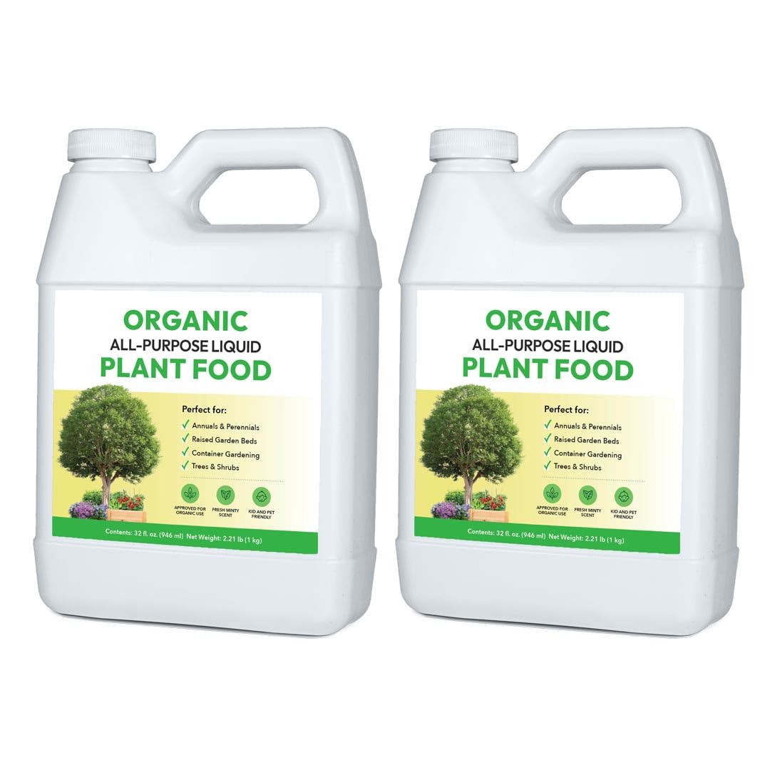 Organic All-Purpose Liquid Plant Food - Use on All Outdoor Plants: Flower Beds, Vegetable Gardens, Container Gardening | Concentrated Liquid Fertilizer Alternative (32oz, 2 Pack, Mixes to 64 Gallons)