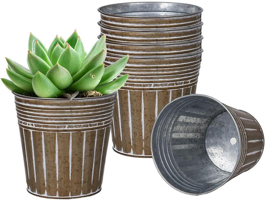 vensovo 4 Inch Brown Metal Rustic Flower Pots - 6Pcs Small Galvanized Planters with Drainage Hole and Rubber Plug, Rustproof Metal Bucket Plant Pots Farmhouse Vintage Style for Decor