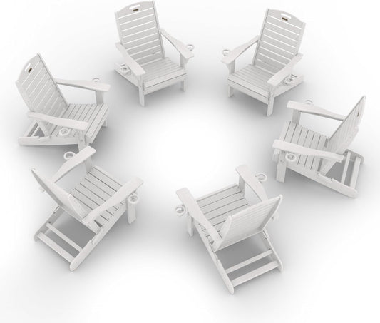 Adirondack Chairs Set of 6, Outdoor Fire Pit Chairs, HDPE All-Weather Adirondack Chairs with Cup Holder, Lawn Chair for Deck, Patio, Garden (White)