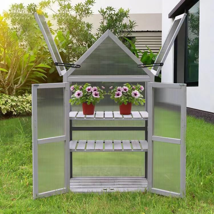 Cold Frame Greenhouse, Small Wood Greenhouses, Mini Polycarbonate Green House with Adjustable Roof, 2 Adjustable and Removable Shelves for Outdoors, Indoors Plant, Flower, Vegetable