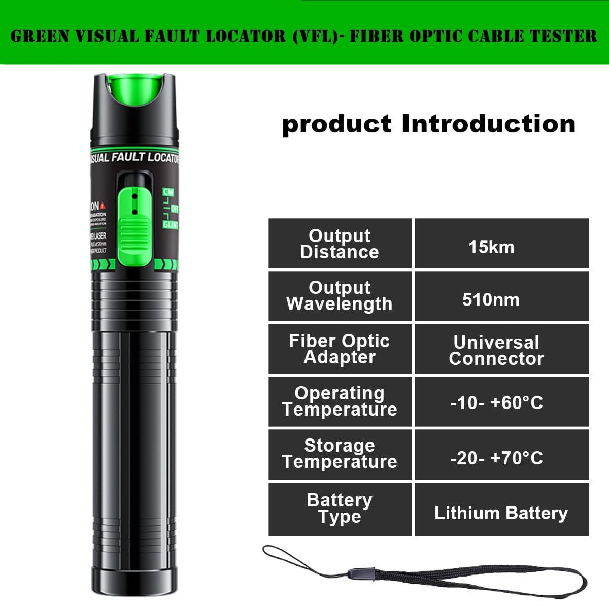 Visual Fault Locator - Green Light Fiber Optic Tester,510nm Wavelength, Compatible with SC/FC/ST/LC Interfaces, Ideal for Network