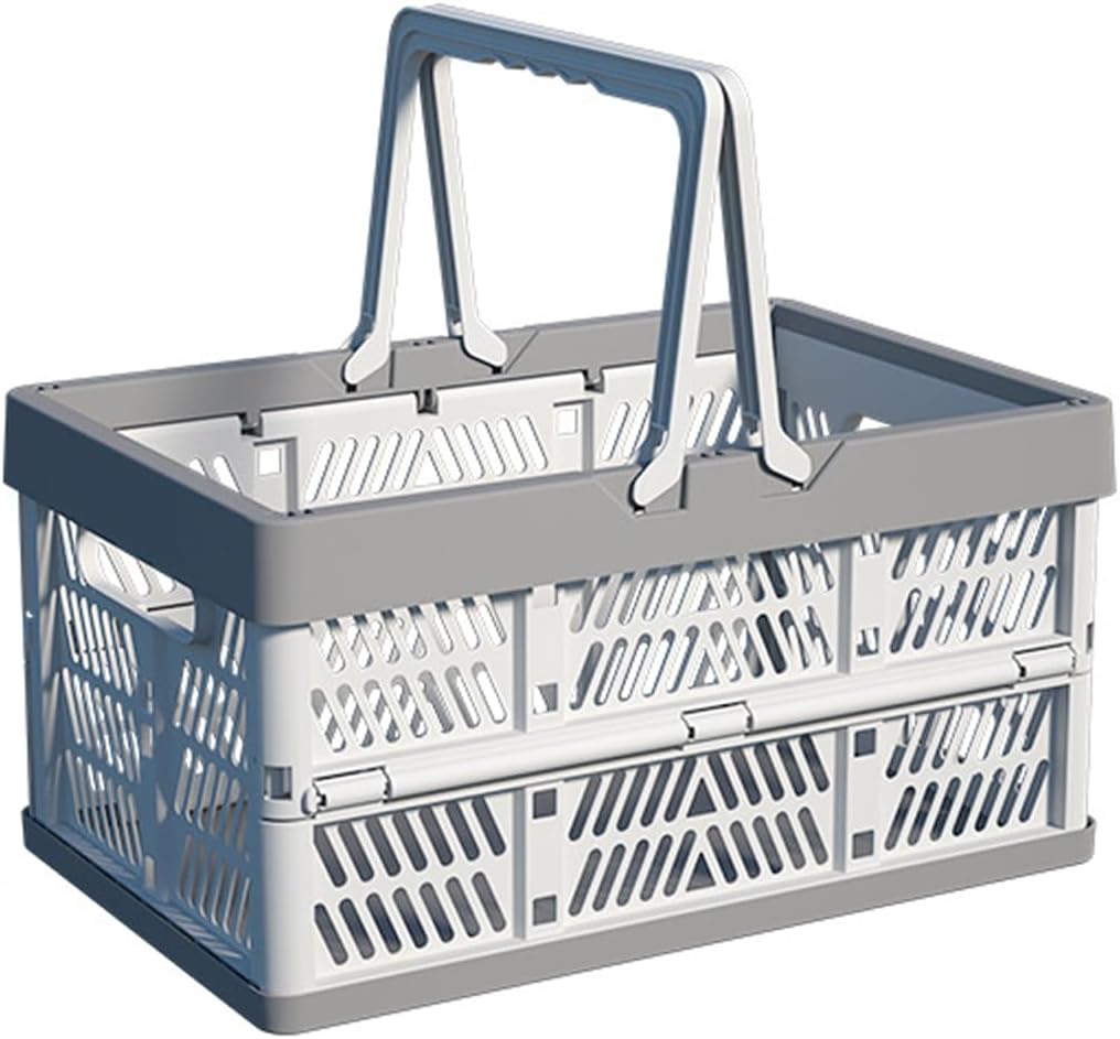 20L Plastic Collapsible Storage Crate - Foldable Handle Crate Storage Basket Bin - White & Gray M