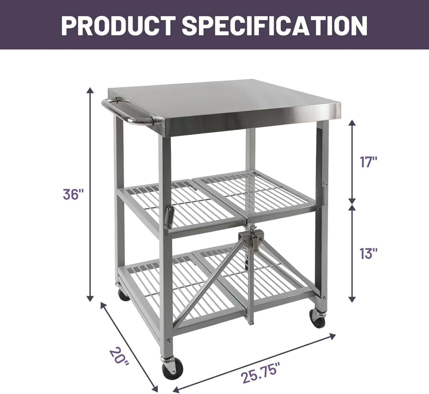 3-Tier Folding Outdoor Grill Cart, 300lbs Load Capaciy Foldable Utility Storage Rolling Kitchen Table with Lockable Wheels, 25.75" D x 20" W x 36" H, Steel Service Trolley for Food Prepping