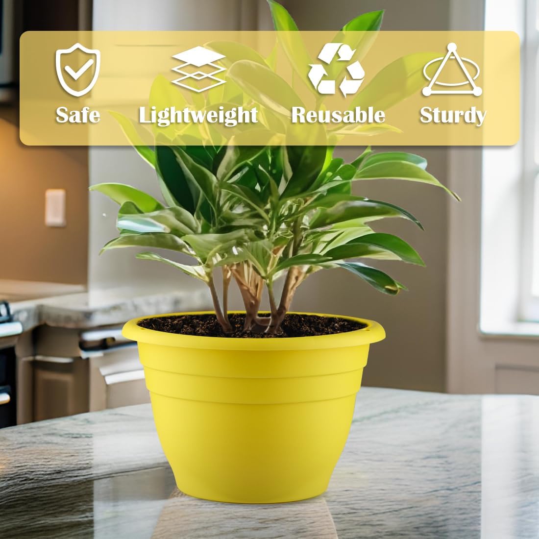 3 Pack 11 Inch Plant Pots with Drainage Hole and Plug, Durable Plastic Flower Pots for Indoor & Outdoor Plants, Elegant Mordern Plant Pots Perfect for Herbs, Flowers & Succulents, Yellow