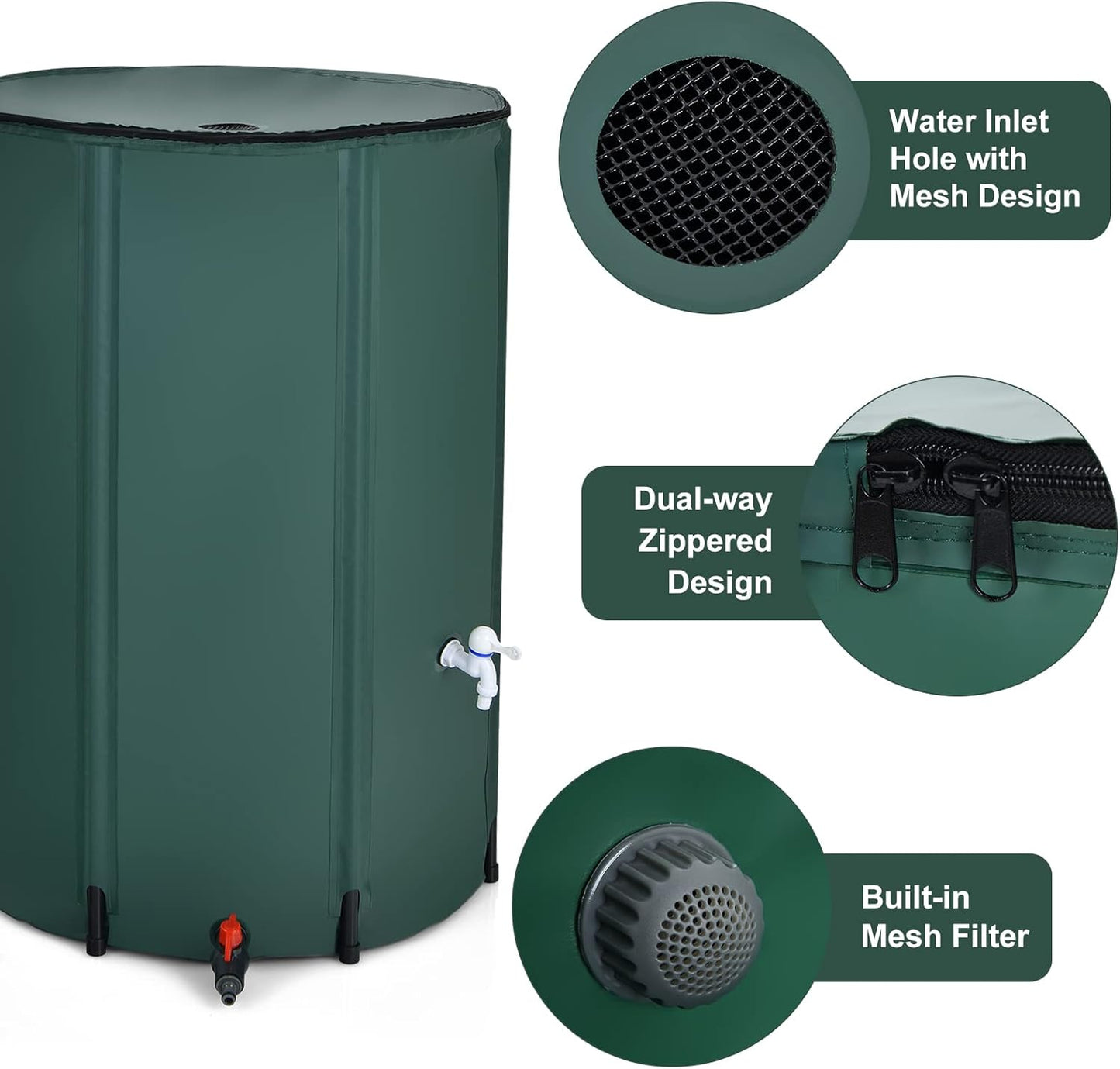 Happygrill 100 Gallon Collapsible Rain Barrel, PVC Rain Water Collection Barrel with Spigot Water Storage Container & Top Mesh, Portable Rain Barrels to Collect Rainwater from Gutter for Garden Lawn