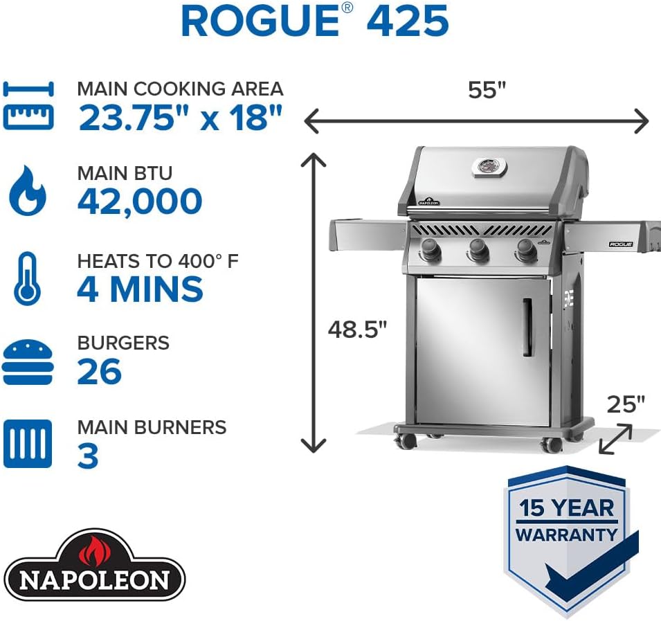 Napoleon Rogue 425 Propane Gas Grill, Stainless Steel, Durable 3-Burner Grill