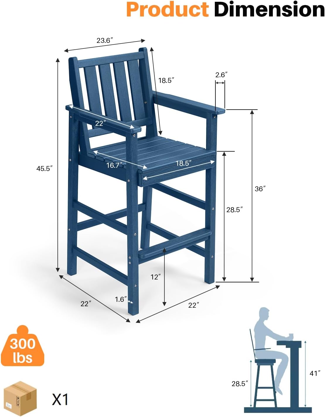 Adirondack Bar Chair Set of 2, HDPE Tall Adirondack Chairs Bar Stools with Footrest, Outdoor Bar Height Stool Chair Set, HDPE Patio Barstools Set for Poolside, Balcony, Garden, Navy