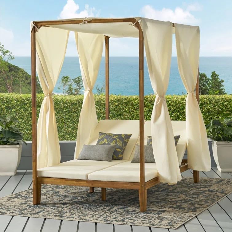 kevinplus Outdoor Patio Sunbed Daybed with Adjustable Reclining Chaise Lounge & Water-Resistant Canopy & Curtain, Solid Wood Construction, Cream White