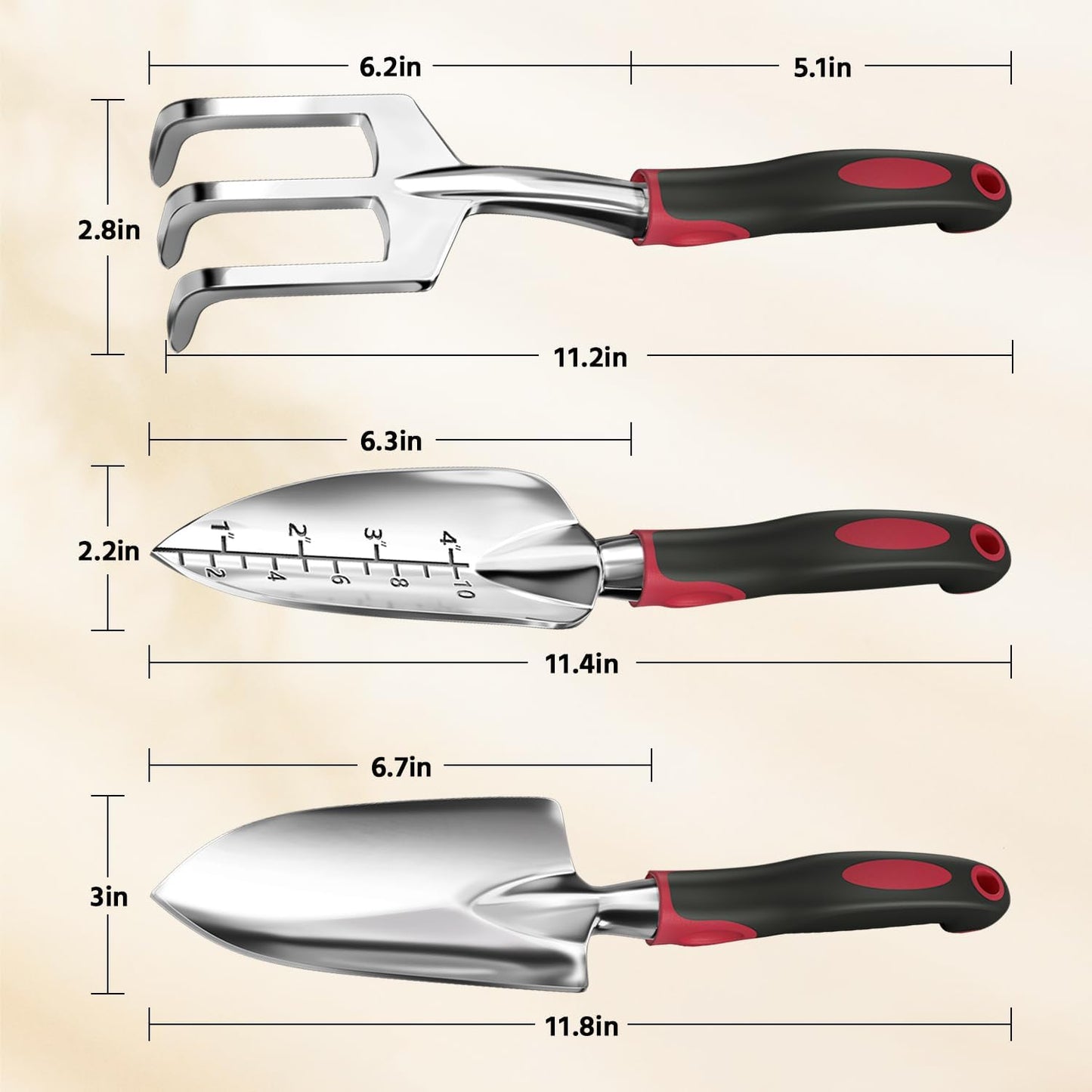 LASZOLA 3 Piece Garden Tool Set Include Hand Trowel Rake and Transplant Shovel for Women, Indoor Heavy Duty Small Spade Kit with Ergonomic Handle to Weed and Loosen, for Mom and Plant Beginner, Red