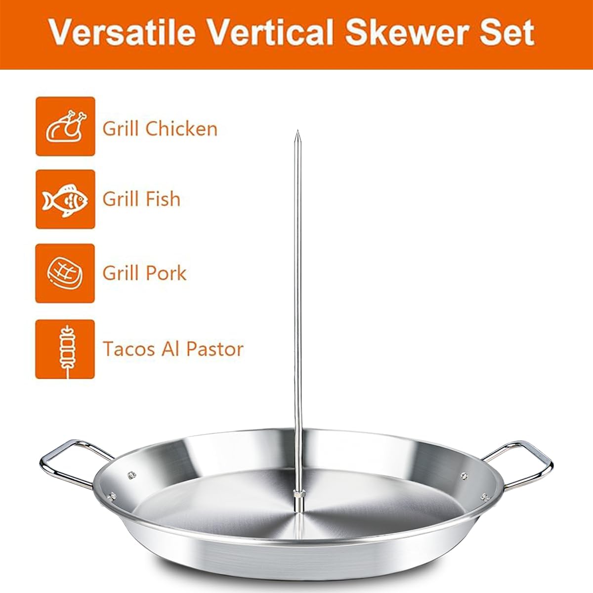 BBQ Vertical Skewer Pan Gyro Spit Shawarma Stand for oven, Al Pastor Skewer for Grill, El Pastor Hack for Tacos Al Pastor Chicken, Brazilian, Stainless Steel, with 8",10" and 12" stick