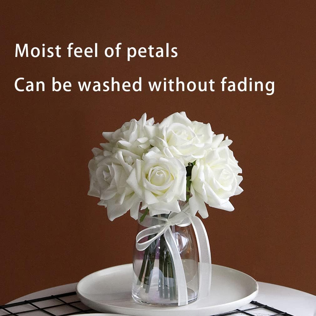 Artificial Roses Single Stem 10pcs Fake Silk Flower Arrangement Bouquet Real Touch for Home Party Wedding Decoration(White)