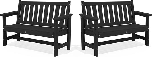 SERWALL Outdoor Bench, HDPE Outdoor Benches Weatherproof, 2-Person Garden Bench with 660 lbs Weight Capacity, Patio Benches for Outdoors, Garden, Porch, Backyard and Park, Black, 2 Pack