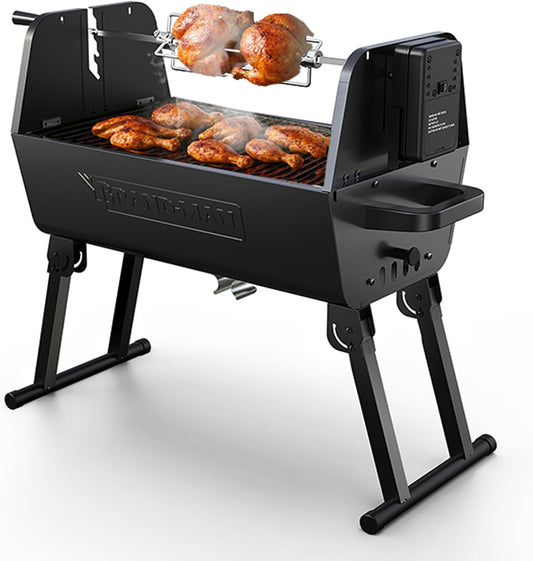 Brand‑Man 2‑in‑1 Charcoal BBQ Grill with Motorized Rotisserie – Portable, Foldable Grill, 257 sq in Outdoor BBQ Grill for Camping & Tailgate, Adjustable Height, Dual Vents