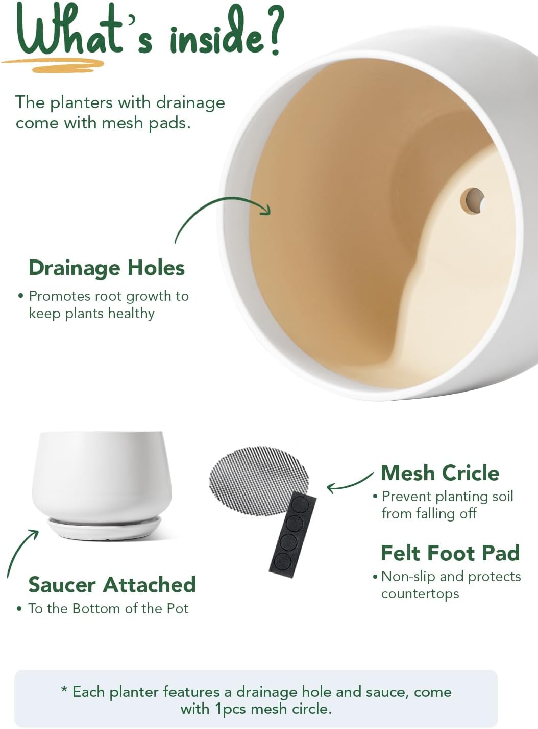 LE TAUCI Ceramic Planters, 12 Inch Pots for Plants, Plant Pots with Drainage Holes and Saucers, Durable and Modern, Planters for Indoor Plants, White