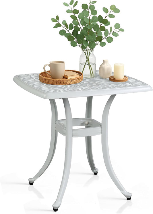 Outvita Patio Side Table, 21.3in Outdoor Square Cast Aluminum Bistro Table with Umbrella Hole and Antique Design for Backyard Porch Pool Balcony Deck White
