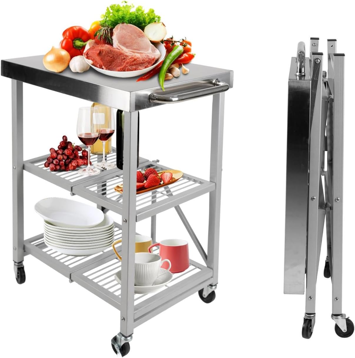 3-Tier Folding Outdoor Grill Cart, 300lbs Load Capaciy Foldable Utility Storage Rolling Kitchen Table with Lockable Wheels, 25.75" D x 20" W x 36" H, Steel Service Trolley for Food Prepping