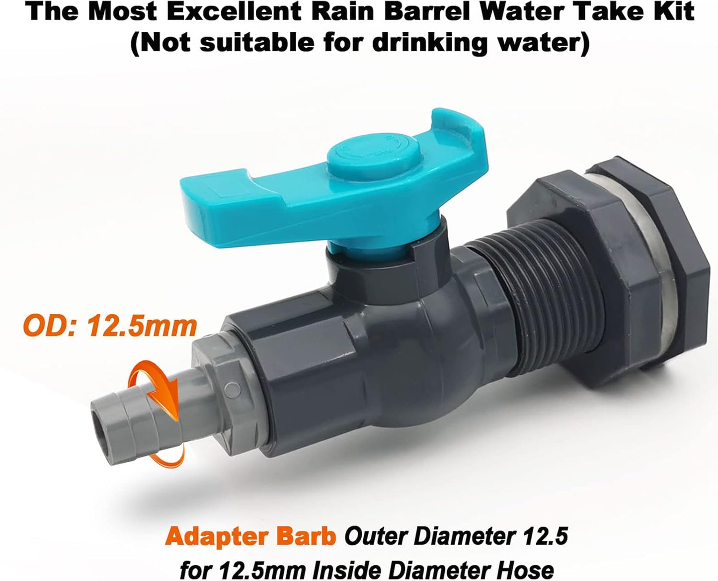 Rain Barrel Spigot PVC Faucet Kit Water Barrel Diverter Kit with Bulkhead Fitting,Ball Valve,Garden Hose Barb(12.5mm) Adapter,Pipe Clamps,Thread Seal Tape(kit for 12.5mm ID Hose)