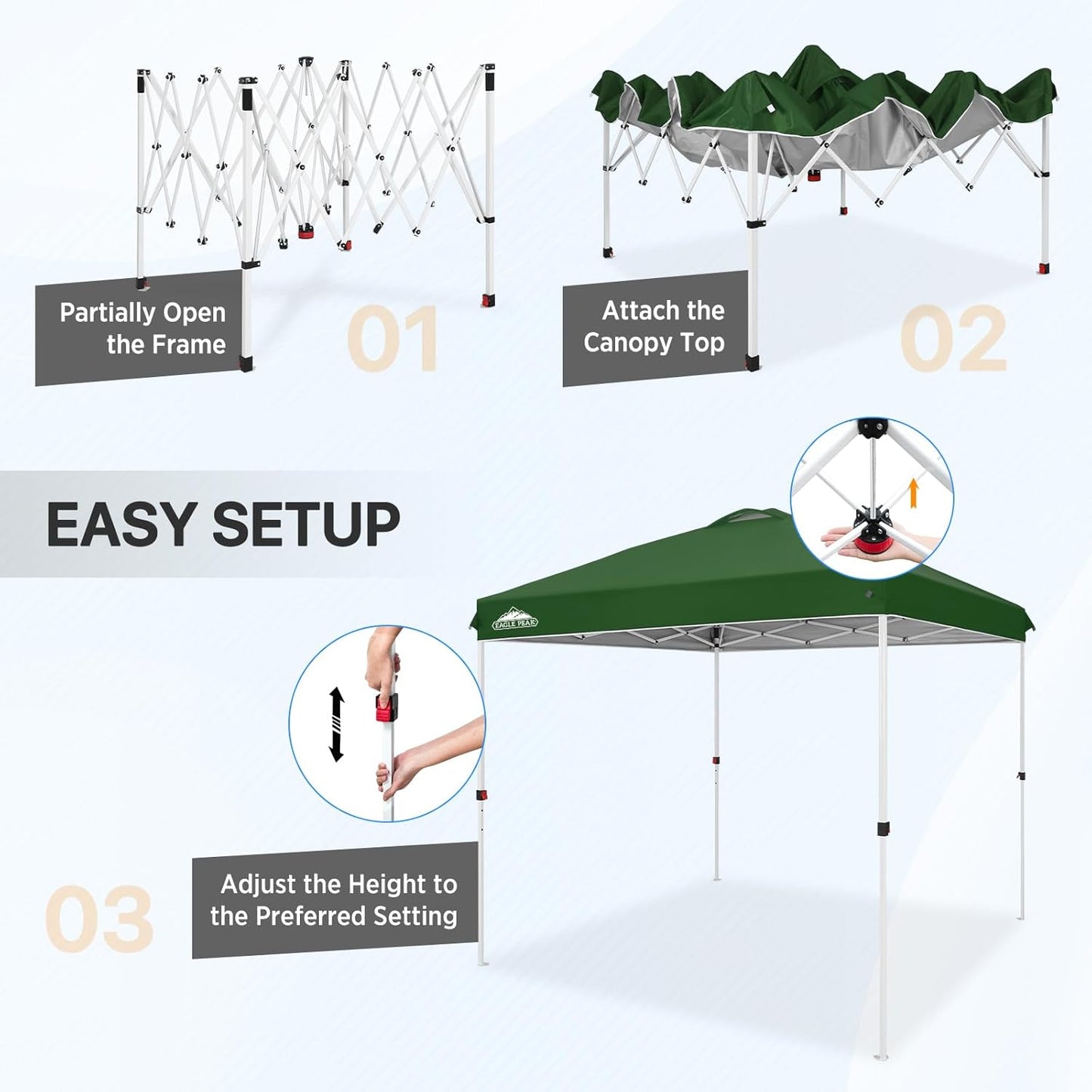 EAGLE PEAK Pop Up Canopy Tent with Wheeled Carry Bag, 8 Stakes, 4 Ropes, Easy Set Up Tent Canopy, 8x8 ft, Green