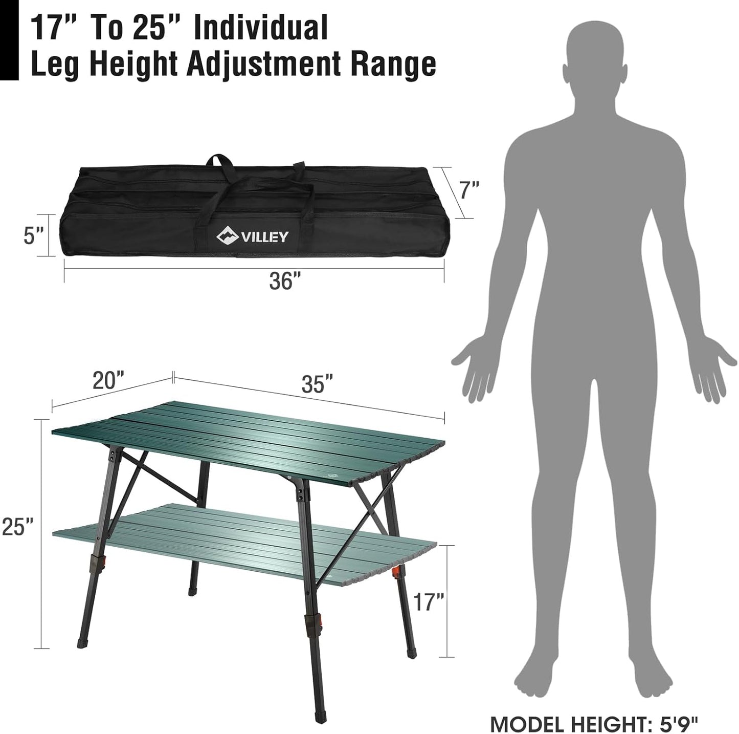 VILLEY Portable Camping Table with Adjustable Legs, Lightweight Aluminum Folding Beach Table with Carrying Bag for Outdoor Cooking, Picnic, Beach, Backyards, BBQ and Party