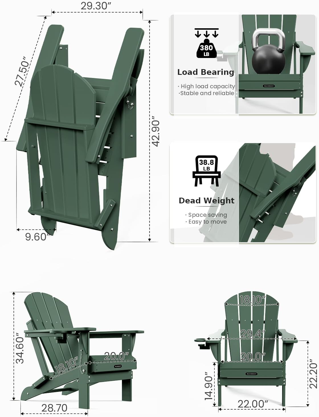 MUCHENGHY Folding Adirondack Chairs, Patio Chairs, Lawn Chairs, Outdoor Chairs, Adirondack Chair Plastic, Fire Pit Chairs, Weather Resistant with Cup Holder for Deck, Backyard, Garden(Green)