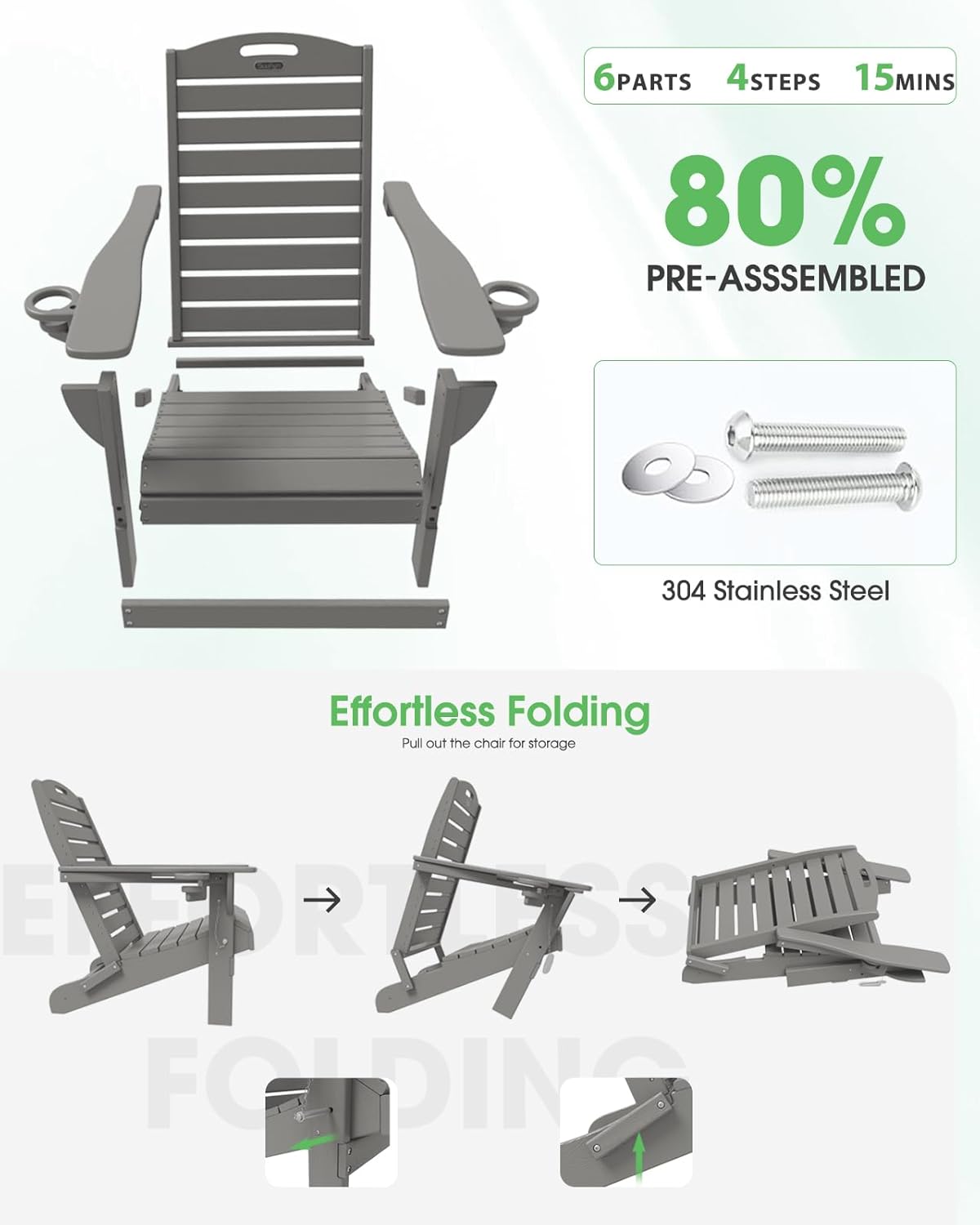 Adirondack Chair Folding HDPE Adirondack Chairs with Cup Holder, Outdoor Fire Pit Chairs All-Weather Lawn Chair for Deck Patio Garden (Grey)