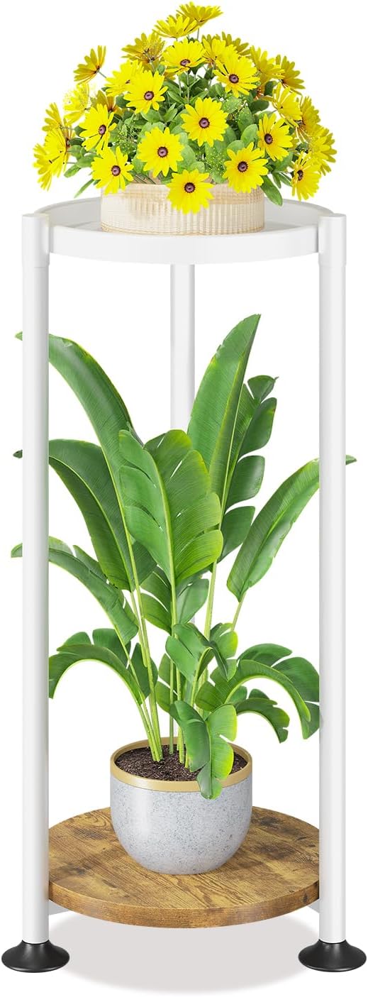 LASZOLA 2 Tier White Plant Stand Indoor for Large Tall Heavy Duty Flower Planter, Metal Vertical Multi Level Rack for Narrow Floor Corner, Sturdy Round Holder Organizer, Modern, Mid Century, Farmhouse