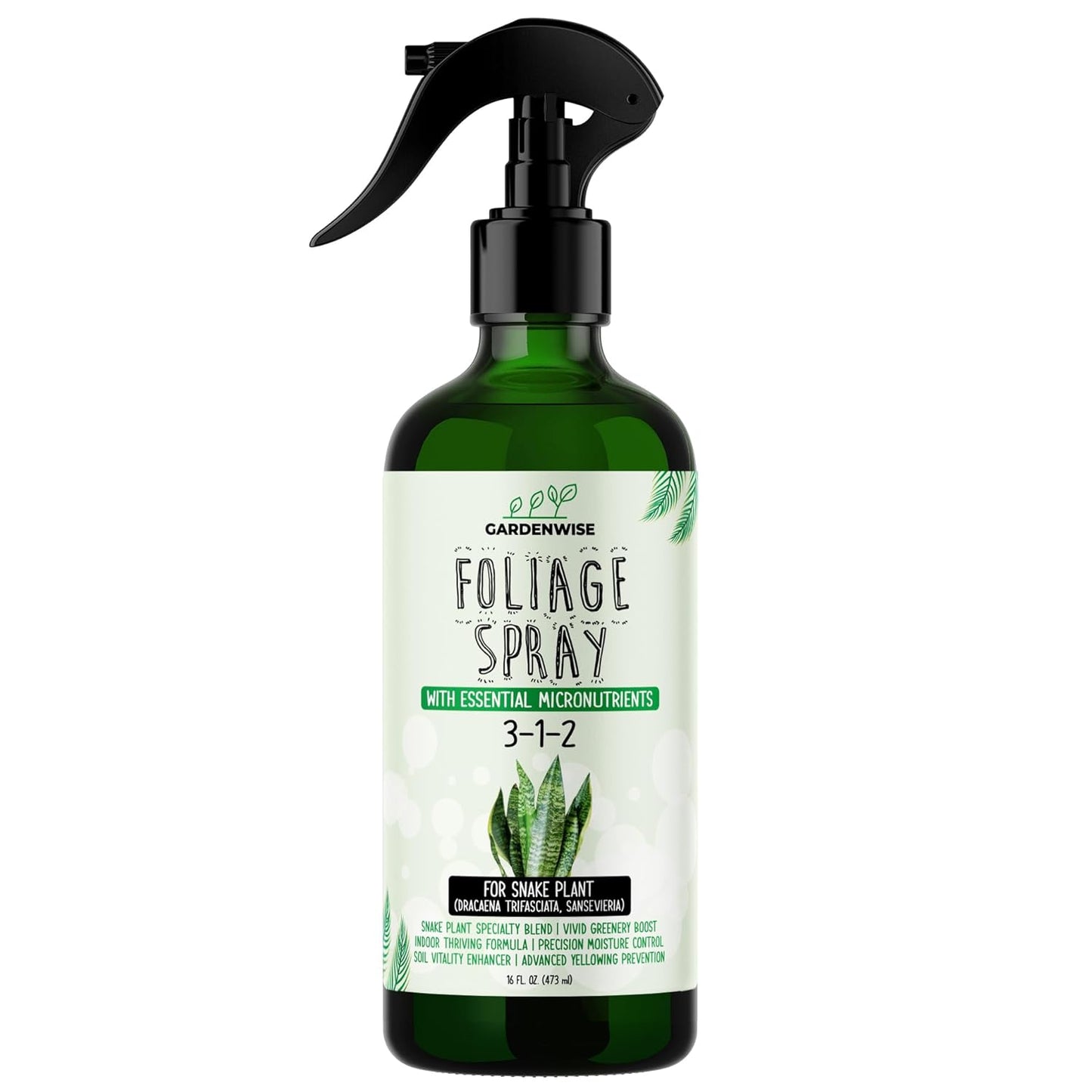 Professional Foliar Plant Spray with Essential Micronutrients 3-1-2 for Snake Plants, Dracaena trifasciata, Sansevieria - Liquid Fertilizer - Plant Food - Plant Shine - Plant Care (16 OZ)
