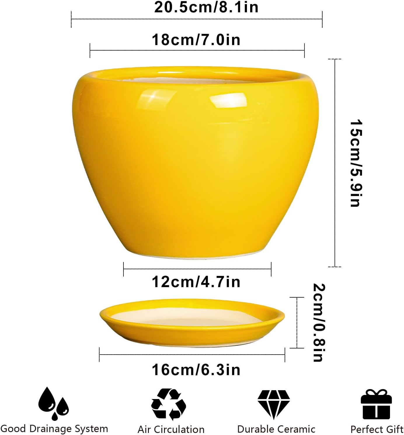 8 Inch Plant Pot - Glaze Modern Round Ceramic Planter for Indoor Outdoor Plants with Drainage Hole and Saucer for Home Patio Room Office Decor, Yellow