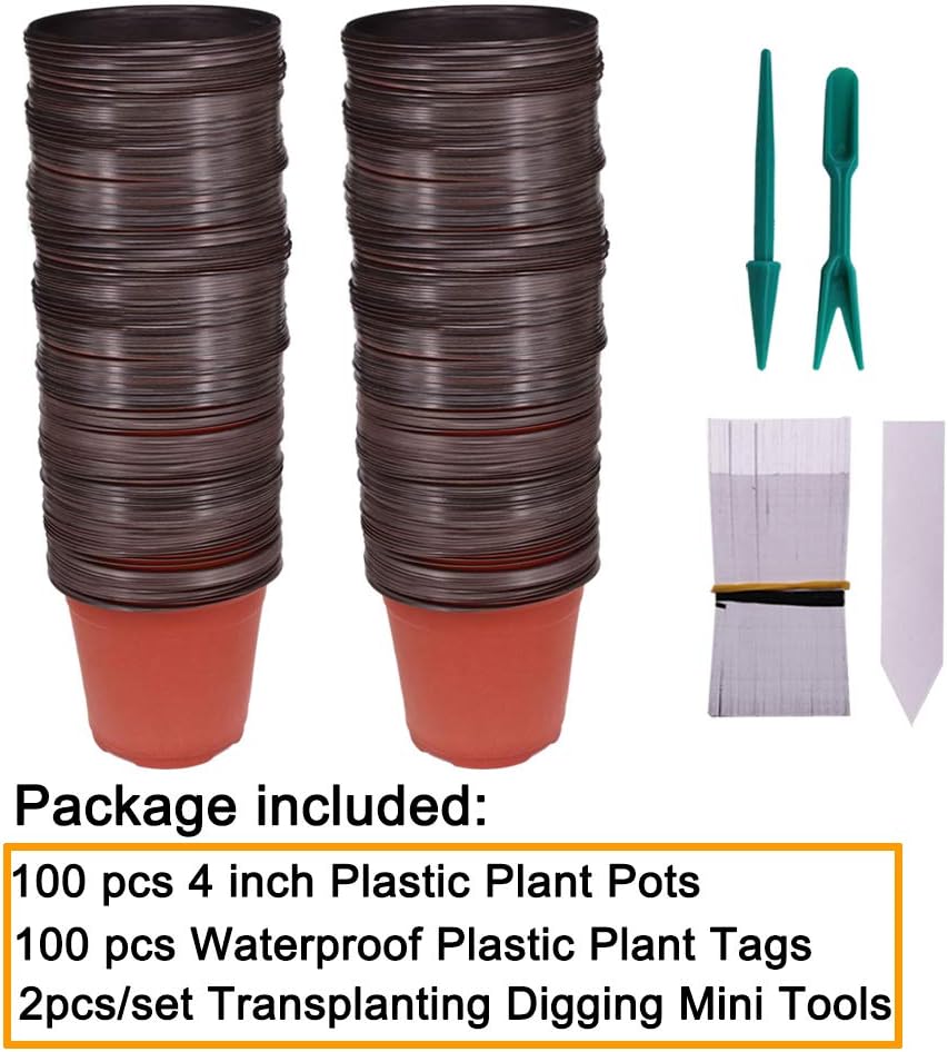 100 Pcs 4" Plastic Seedlings Plants Nursery Pots with 100 Pcs Waterproof Plastic Plant Tags and 2Pcs/Set Transplanting Digging Mini Tools