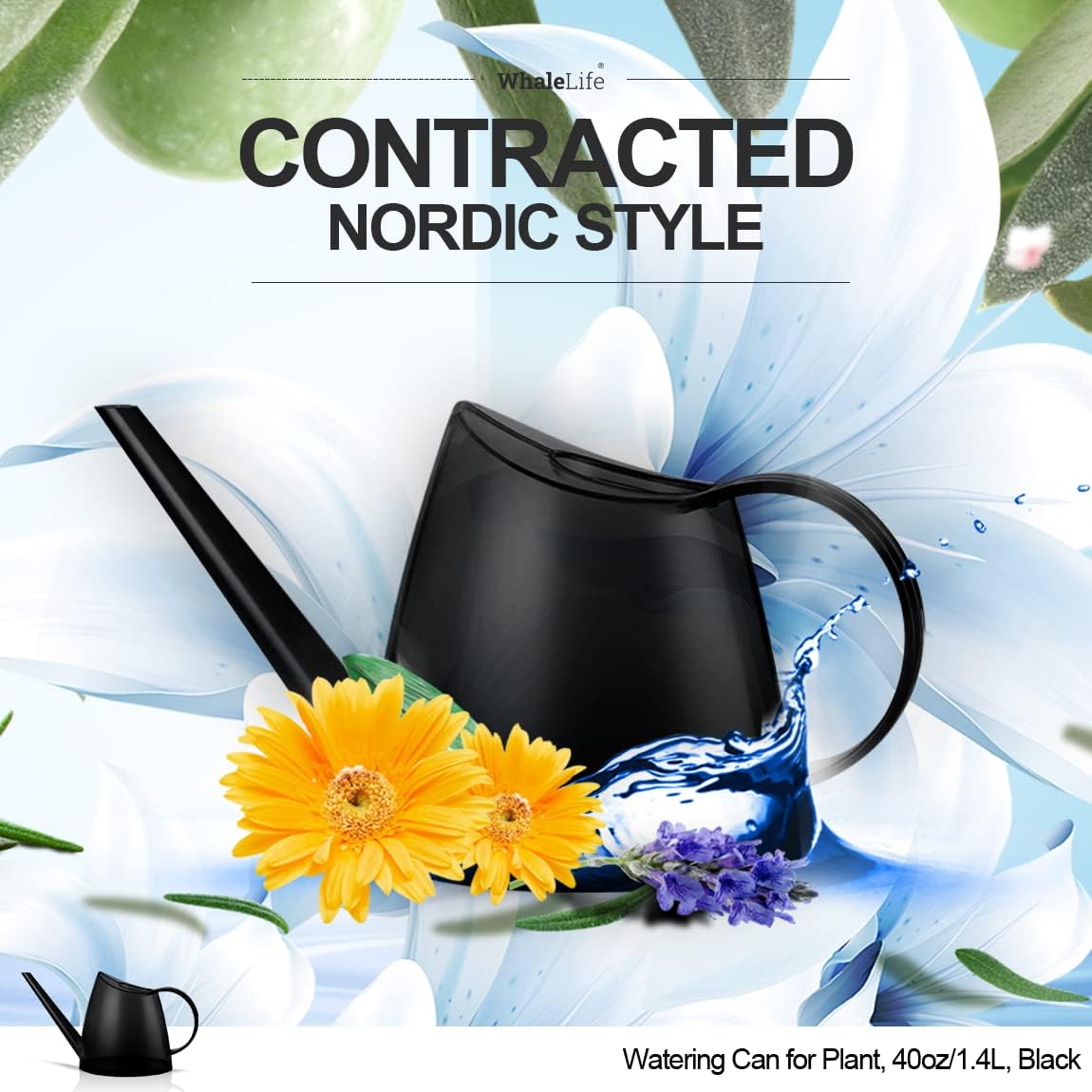 WhaleLife Indoor Watering Can for House Bonsai Plants (1.4L, Black)