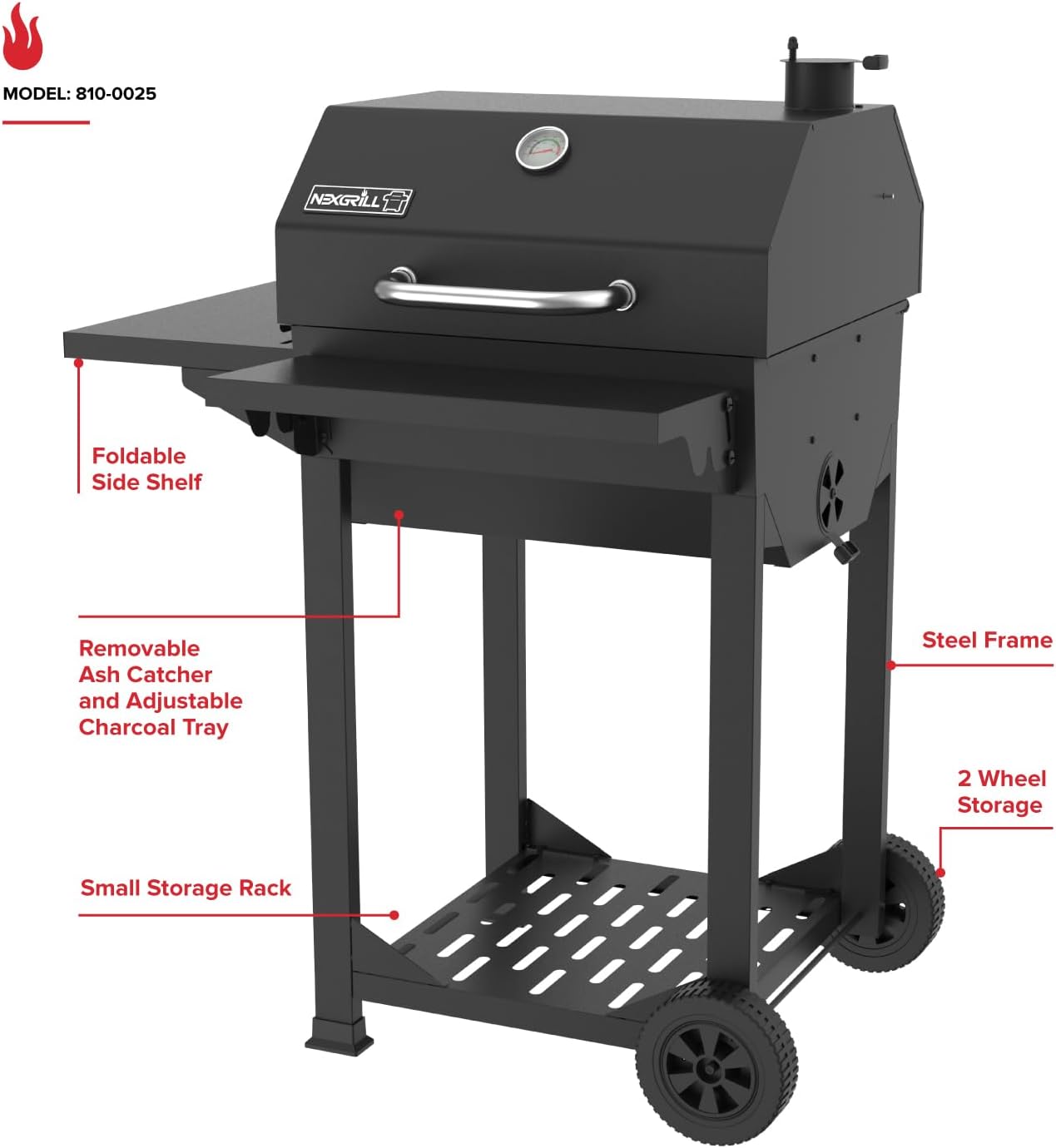 Nexgrill 22" Barrel Charcoal Grill with Side Shelf, 550 SQ In Cooking Space, Adjustable Chimney, Air Dampers, Temperature Gauge, Warming Rack, Smoker Grill for Camping, Picnics, and More - 810-0025