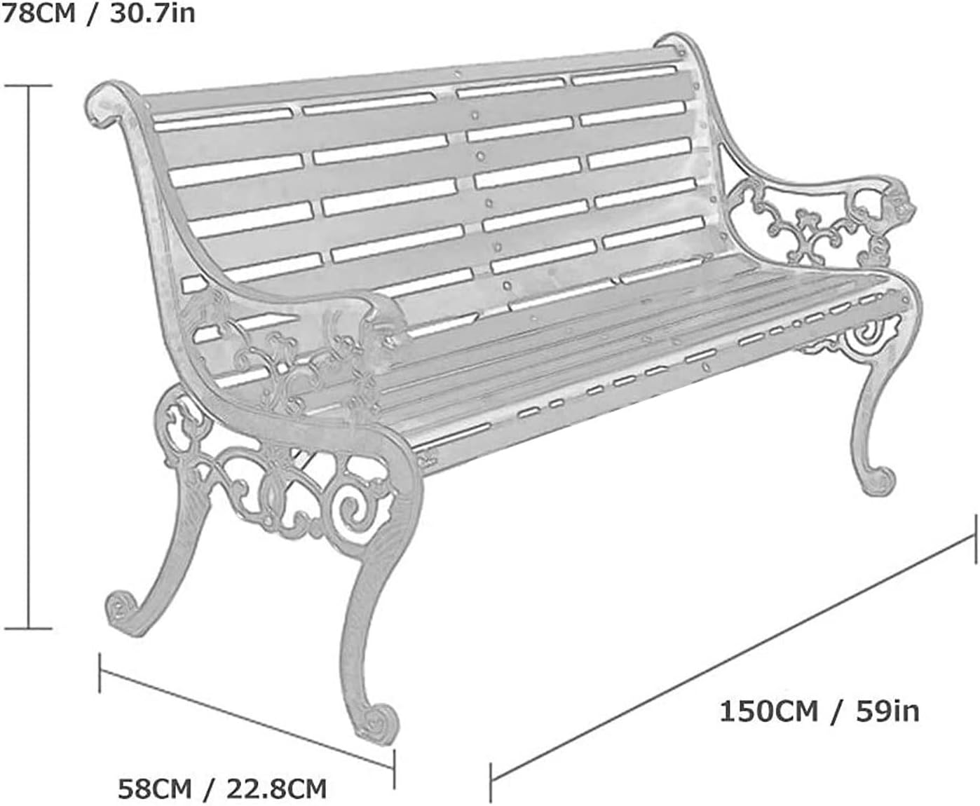 Outdoor Bench, Porch Bench, Garden Park Bench, Cast Aluminum Preservative Wood Bench with Backrest and Armrests for 2-3 People Porch/Deck/Patio Furniture(Brown+Antique Green Legs,150CM)